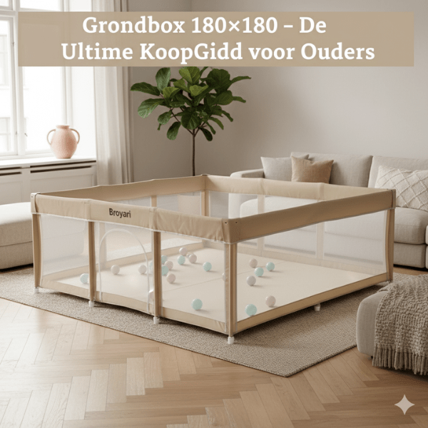 Broyari grondbox 180×180 in moderne woonkamer – ruime veilige speelplek voor baby’s met stevig frame, mesh wanden en pastel speelballen
