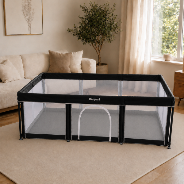 Zwarte Broyari inklapbare grondbox in een woonkamer met bank en plant - maat-120x180