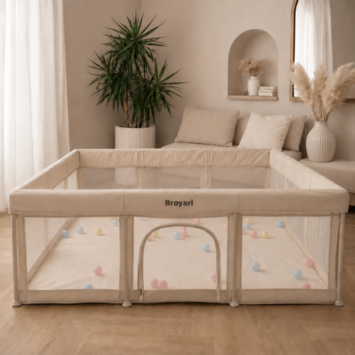 Inklapbare beige grondbox van Broyari met ruime speelruimte voor baby's en peuters - maat-120x180