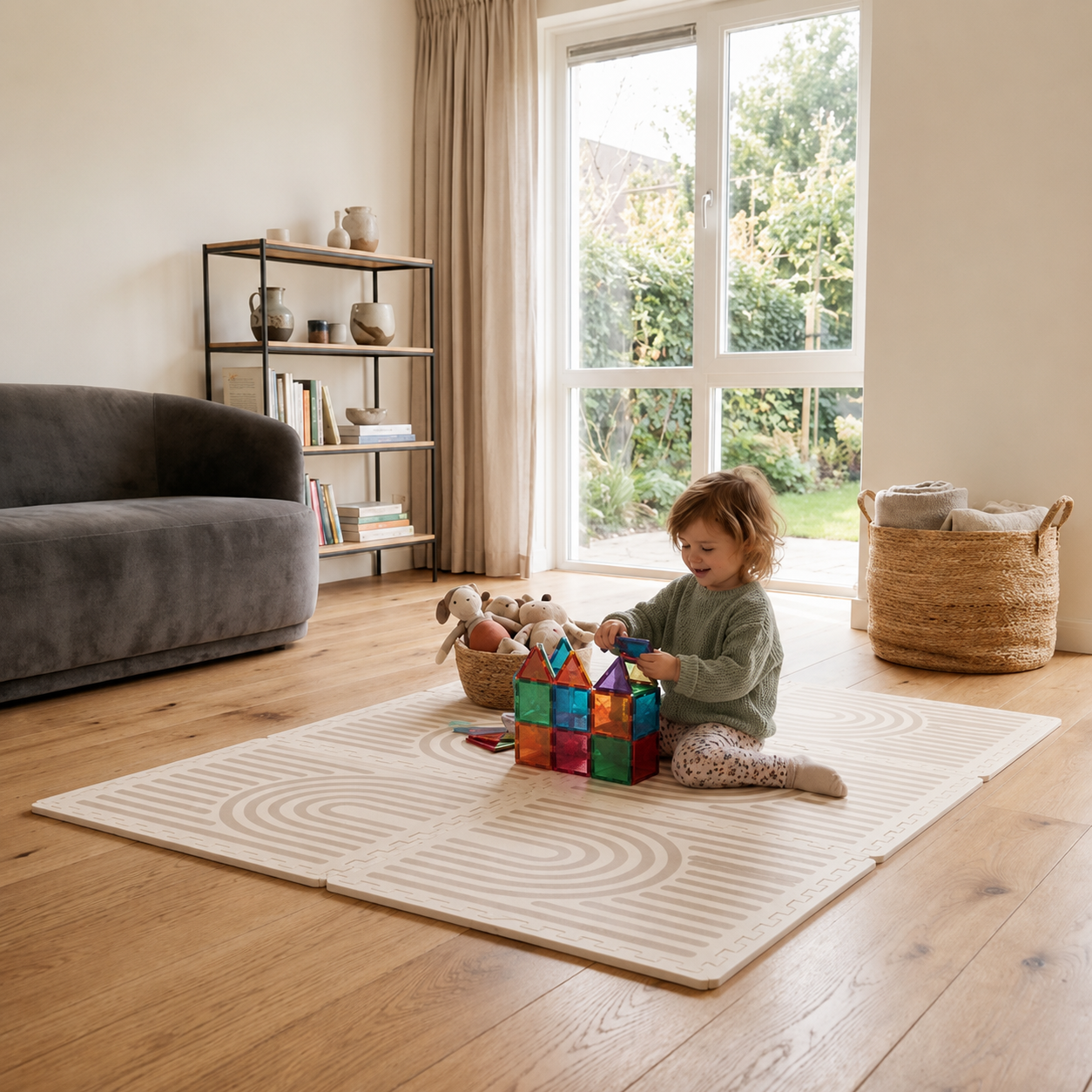 Kind speelt op de Broyari EVA foam speelmat in de woonkamer